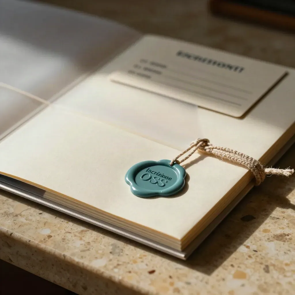 Pacchetto OSS chiuso con sigillo verde acqua e card di conferma sul travertino