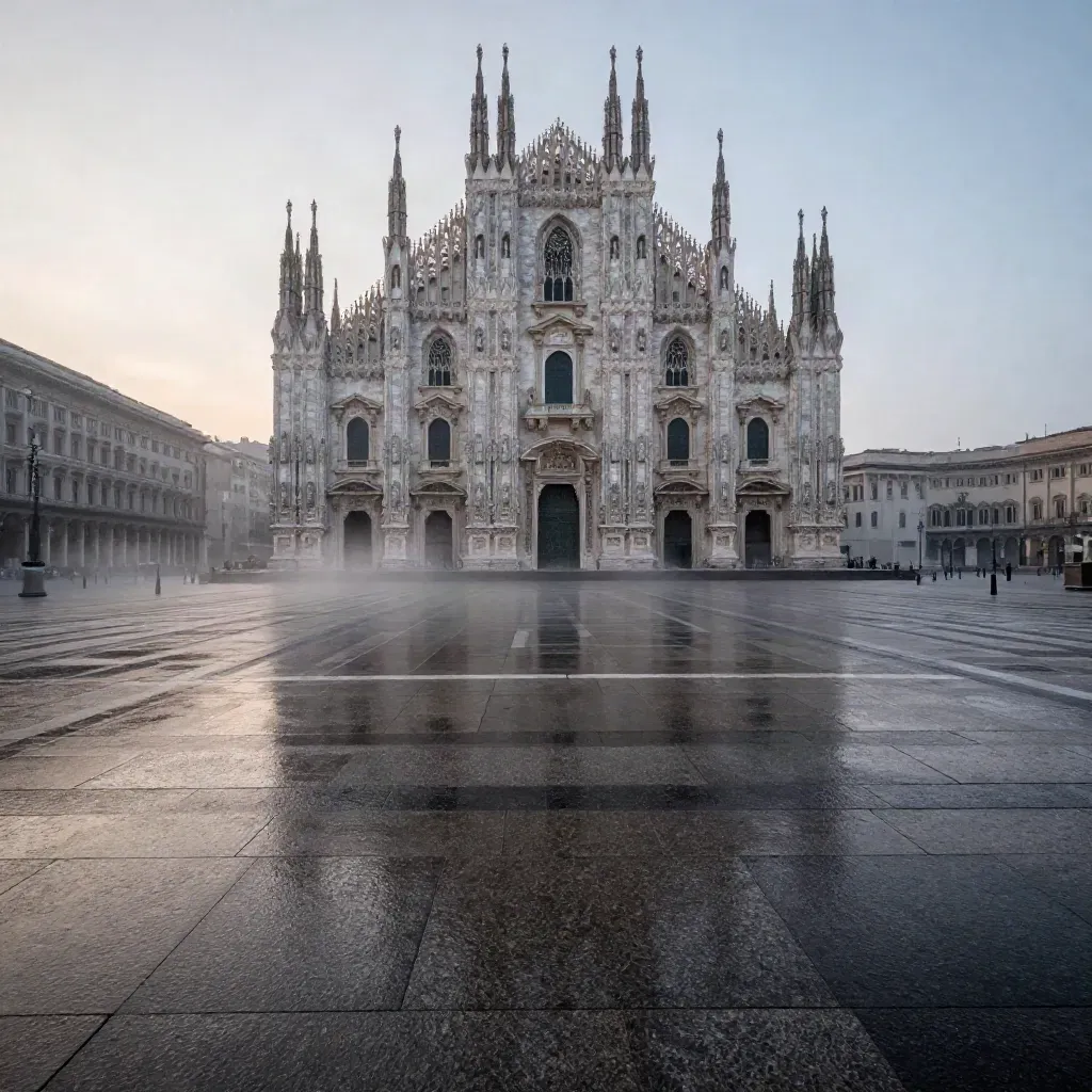 Duomo di Milano all’alba sopra una piazza di pietra vuota e nebbiosa
