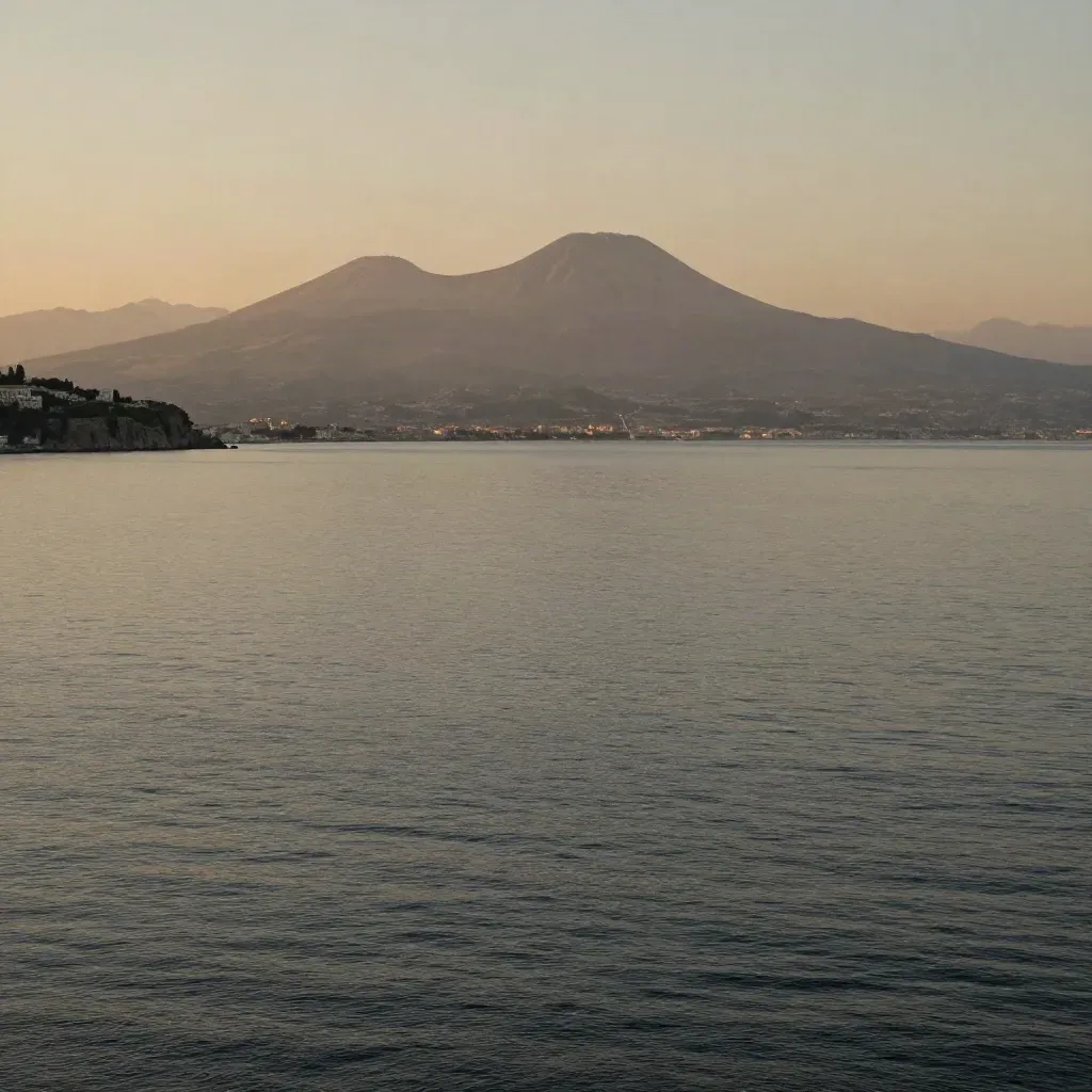 Golfo di Napoli al tramonto con il Vesuvio lontano e il mare calmo in primo piano